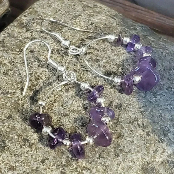 Hand Crafted Baroque Amethyst Gemstone Sterling Silver Plated Beads Earrings - Picture 4 of 7